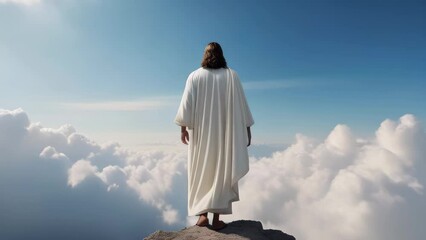 silhouette of Jesus risen and ascended to heaven against a background of light coming out of a bright sky