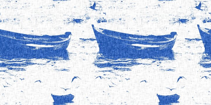 Coastal sail boat in azure ocean blue seamless border background. Modern sailing boat block print for decorative coast interior furnishing fabric for rustic linen beach cottage banner trend. 