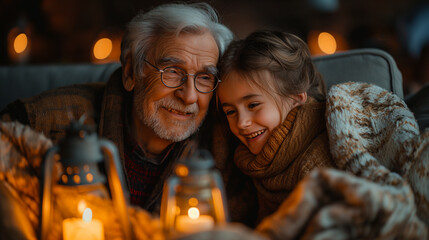 Obraz premium Cozy Retreat: Grandparents and grandchildren snuggled up together on a plush sofa, surrounded by soft blankets and glowing lanterns, as they share stories and laughter in the comfo