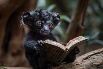 Fototapeta premium An endearing photo of an exotic black Aye-Aye holding a book as if reading it in a natural habitat