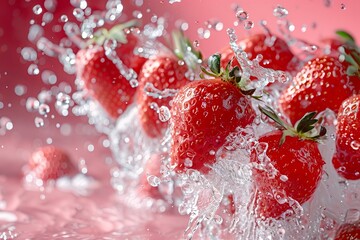 Ripe Strawberries Splashing in Water Against Pink Backdrop