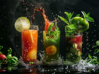 Beautiful and appetizing cocktails on a black background. Green, red and yellow cocktail
