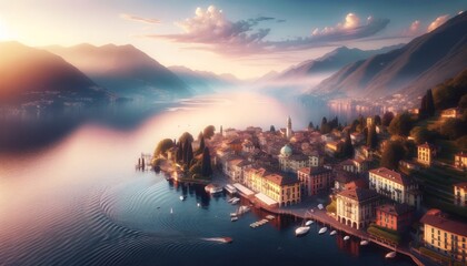 An aerial view of Lake Como at sunrise. The first light of dawn casts the village in soft pastel colors.