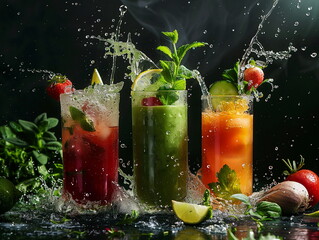 Beautiful and appetizing cocktails on a black background. Green, red and yellow cocktail