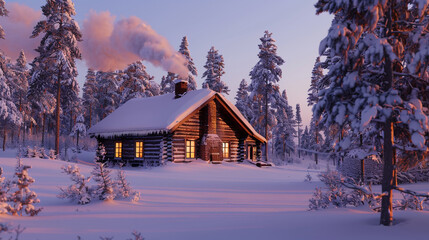 A cozy Scandinavian-style log cabin at dusk, nestled in a snow-covered pine forest, with warm light...