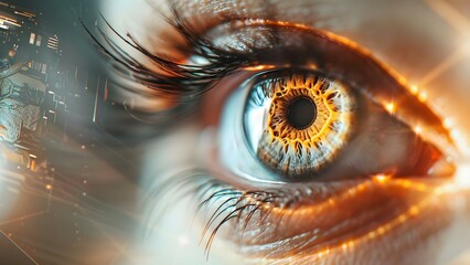 Closeup human eye with Lasik vision correction and cyber tech elements. Concept Eye Closeups, Lasik...