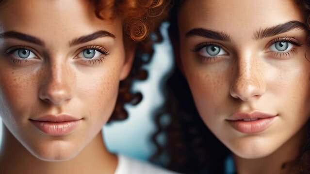 close-up shot of two young women with freckles, natural beauty and diverse features. friendship, diversity, and the beauty of human connection