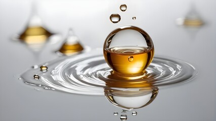 A droplet of clear essential oil is isolated on a white background.