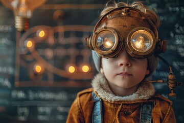 Conceptual image of a child in a vintage astronaut costume with a chalkboard background hinting at imagination