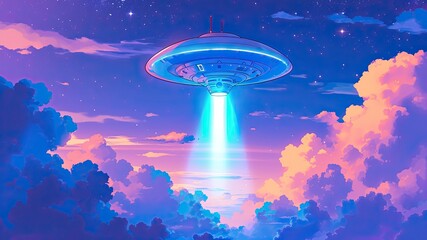 Vibrant cartoon illustration of a UFO in the sky, perfect for World UFO Day concept. Colorful and whimsical portrayal.