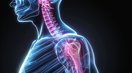 Animated style X-ray showing various stages of shoulder pain, educational medical series, close-up