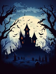 Haunted House Silhouette Against Full Moon with Flying Bats and Ravens A Dark and Moody Halloween Wallpaper - obrazy, fototapety, plakaty