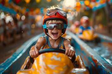Intense focus captured in a kid steering a go-kart racer, embodying the thrill and excitement of...