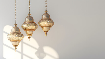 Hanging golden ramadhan lanterns, simple light brown ornament, white color with ample copy space for text and design