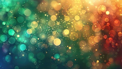 Explore the dynamic blend of colors in an abstract blur bokeh banner background, with radiant gold bokeh on a defocused emerald backdrop, accented by vibrant rainbow hues.