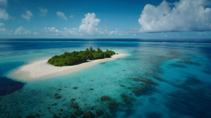 Obraz premium Remote Atoll: Powdery White Sand and Vibrant Coral Reefs Teeming with Life