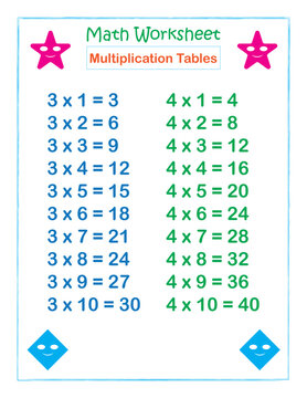 Math worksheet Multiplication Tables 3 & 4