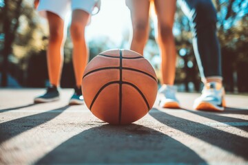 Close-up view of a basketball on the court