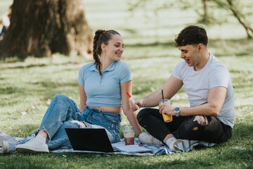 A pair of high school students engaged in study sessions outdoors, collaborating on homework in a lush urban park.