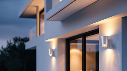 A close-up of a white contemporary house's facade at night, where strategically placed sconces create a play of light 