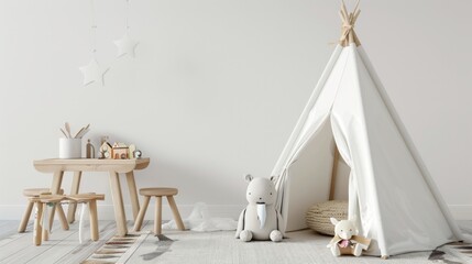 Children's playroom with tent and table sitting white wall, doll.