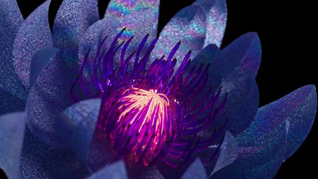 Stunning 3D digital artwork of a flower with sparkling iridescent petals and a radiant purple core, set against a dark background