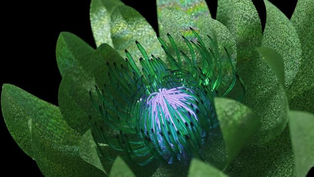 Exquisite 3D digital art of a glowing green flower with sparkling iridescent petals and a vibrant blue core, set against a black backdrop