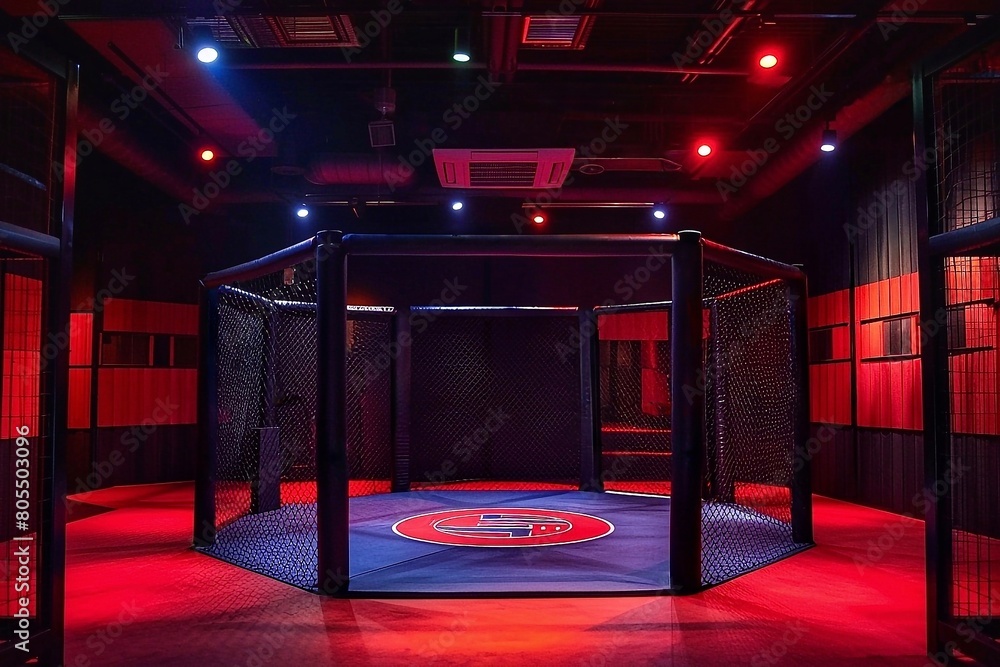 Poster empty octagonal ring for mma fights in the red room. the concept of fights without rules