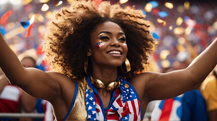 Portrait of smiling African American sportswoman in sport stadium after winning medal. Female athlete, sports championship