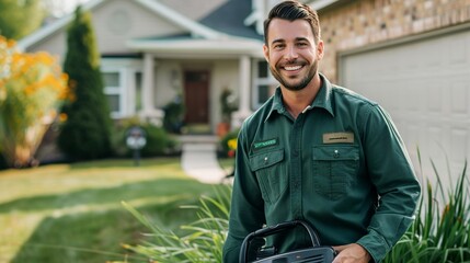 Slim worker smiling and happy wearing plain forest green button shirt carrying commercial air mover in his hands 