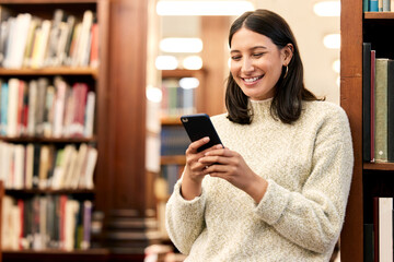 College, library and smile of girl with phone for campus research, literature website or...