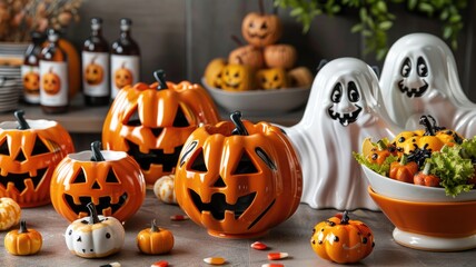 collection of Halloween serving dishes shaped like jack-o'-lanterns and ghost figures, with vibrant colors and playful expressions, perfect for Halloween party snacks and treats