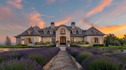 A classic French Provincial home at sunset, with its stucco walls and steeply pitched roof, sitting...