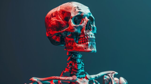 Educational poster of human skeleton with red inflamed bones, contrasting dark blue background, close-up