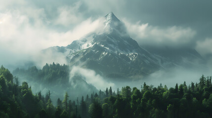 Majestic Solitude: Solitary Mountain Peak Cloaked in Forest and Mist