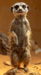 A curious meerkat standing on hind legs against a desert studio backdrop.Professional photographer perspective