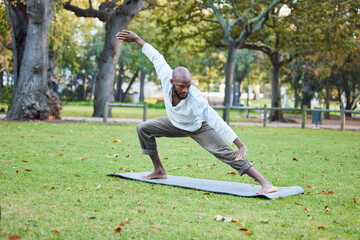 Man, yoga and action in park for fitness, balance and healing outdoor for health with exercise in...