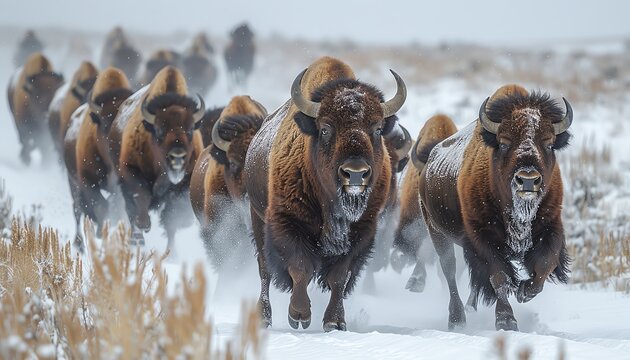 A stampeding herd of bison demonstrates the collective strength of the pack, trampling anything in its path