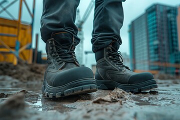 Construction Worker Wearing Black Safety Shoes