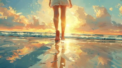 Woman walking on a beach during sunset close-up