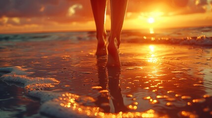 Woman walking on a beach during sunset close-up