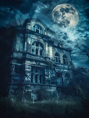 Haunting and Unsettling Abandoned Asylum Under a Sinister Moonlit Sky Chilling Halloween Backdrop with Grungy Gothic Architecture - obrazy, fototapety, plakaty