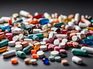 vitamins, and a variety of medicines, scattered across a surface, representing healthcare and medication diversity.