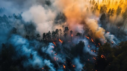 Large-scale forest fire aerial view. Huge fire in the woods. Natural disaster. Forest on fire,...