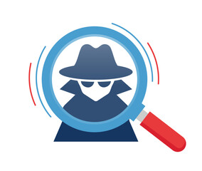 Spy with magnifier, ranger, detective, vector icon. A flat illustration depicting a detective with a magnifying glass.logo illustration