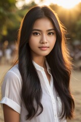 Obraz premium Asian woman portrait in golden hour lighting, ideal for lifestyle, beauty, and web design projects.