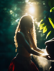 A young girl performing a ritual in the rainforest dedicated to the goddess Ayahuasca, immersed into an ethereal light that casts enchanting shadows.
