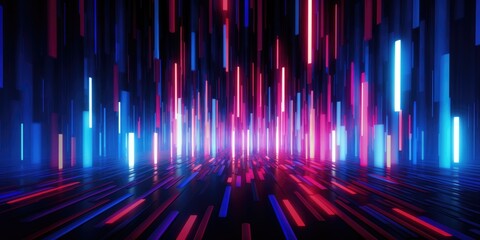 The picture of the uncountable amount of the vertical red and blue neon light pillars that has been filled everywhere of picture of futuristic enormous dark cyberspace yet bright with light. AIGX01. - obrazy, fototapety, plakaty