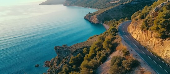Mountain road near blue sea in summer. Top view of road, trees, azure water, mountain. Beautiful landscape with highway, rocks, sea coast. Mountain road by the sea, aerial view. Travel concept.