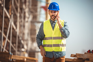 Construction site manager standing  wearing safety vest and helmet, talking to the phone at construction site.